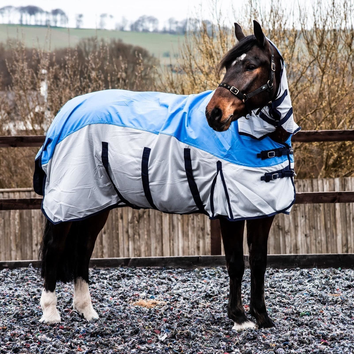 600D 2 in 1 Lightweight Waterproof Fly Turnout Mesh Horse Rug Fixed Neck Blue/Grey