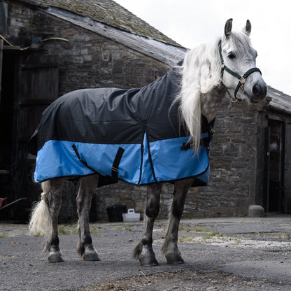 1200D Mediumweight Waterproof Horse Turnout Rug 100g Fill Half Neck Black/Baby Blue