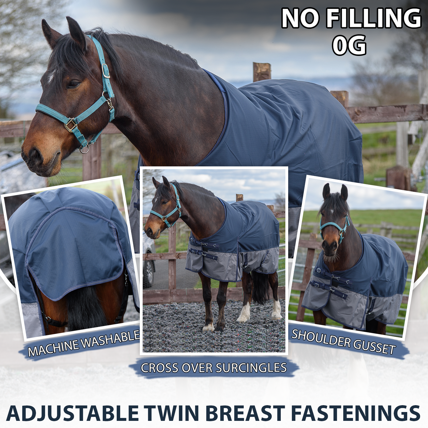 600D Lightweight Waterproof Horse Turnout Rug 0g No Fill Regular Neck Navy/Grey