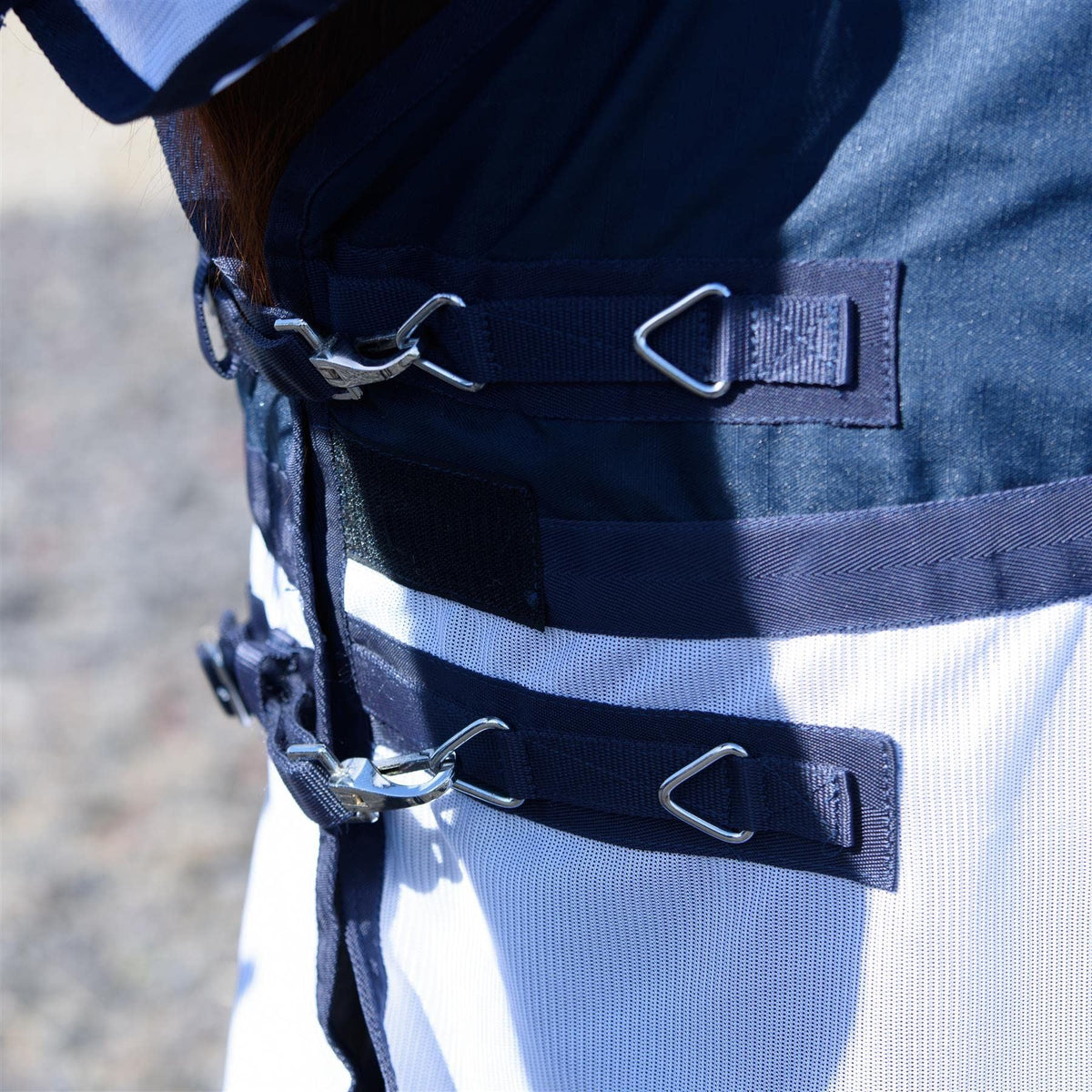 600D 2 in 1 Lightweight Waterproof Fly Turnout Mesh Horse Rug Fixed Neck Blue/White