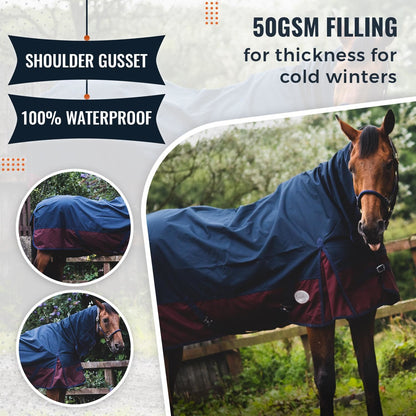 1200D Mediumweight Waterproof Horse Turnout Rug 50g Fill Combo Full Neck Navy/Burgundy