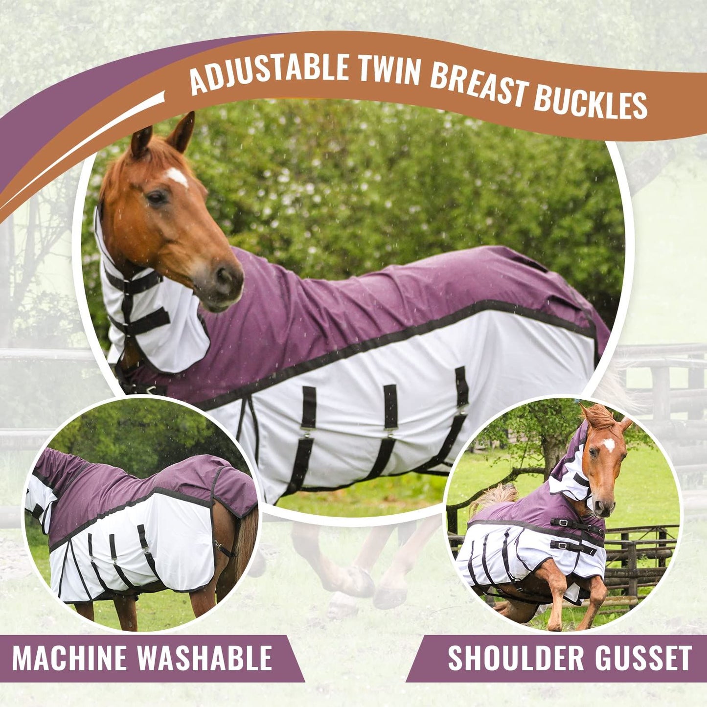 600D 2 in 1 Lightweight Waterproof Fly Turnout Mesh Horse Rug Fixed Neck Burgundy/White