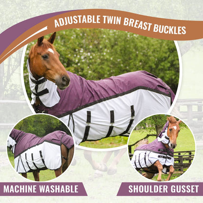 600D 2 in 1 Lightweight Waterproof Fly Turnout Mesh Horse Rug Fixed Neck Burgundy/White