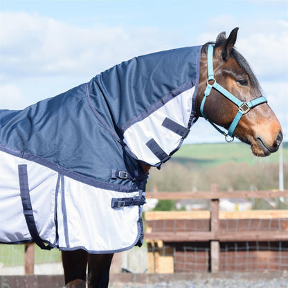 600D 2 in 1 Lightweight Waterproof Fly Turnout Mesh Horse Rug Fixed Neck Blue/White