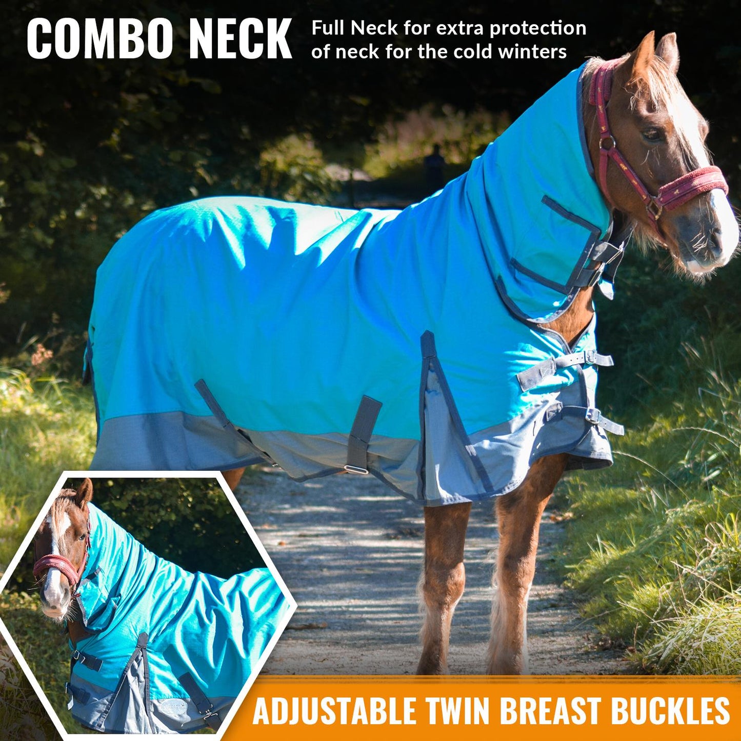 600D Lightweight Turnout Horse Rug Water Resistant Combo Neck Aqua/Grey 5'3-6'9