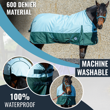 600D Lightweight Waterproof Horse Turnout Rug 0g No Fill Regular Neck Pista Aqua/Bottle Green