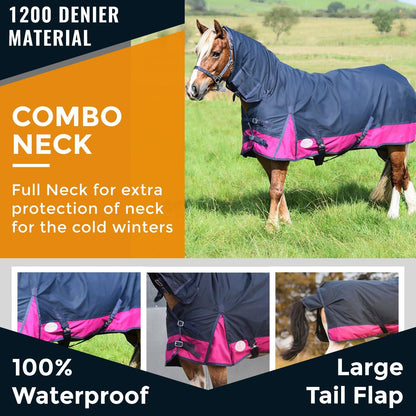 1200D Mediumweight Waterproof Horse Turnout Rug 50g Fill Combo Full Neck Navy/Raspberry