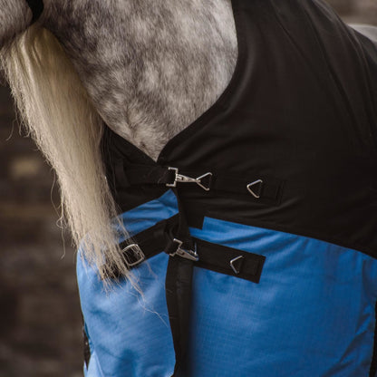 1200D Mediumweight Waterproof Horse Turnout Rug 100g Fill Half Neck Black/Baby Blue