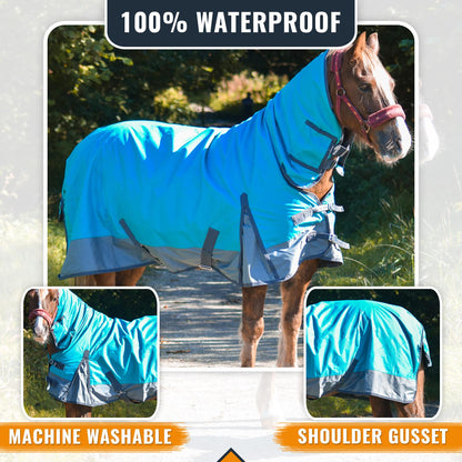 600D Lightweight Turnout Horse Rug Water Resistant Combo Neck Aqua/Grey 5'3-6'9