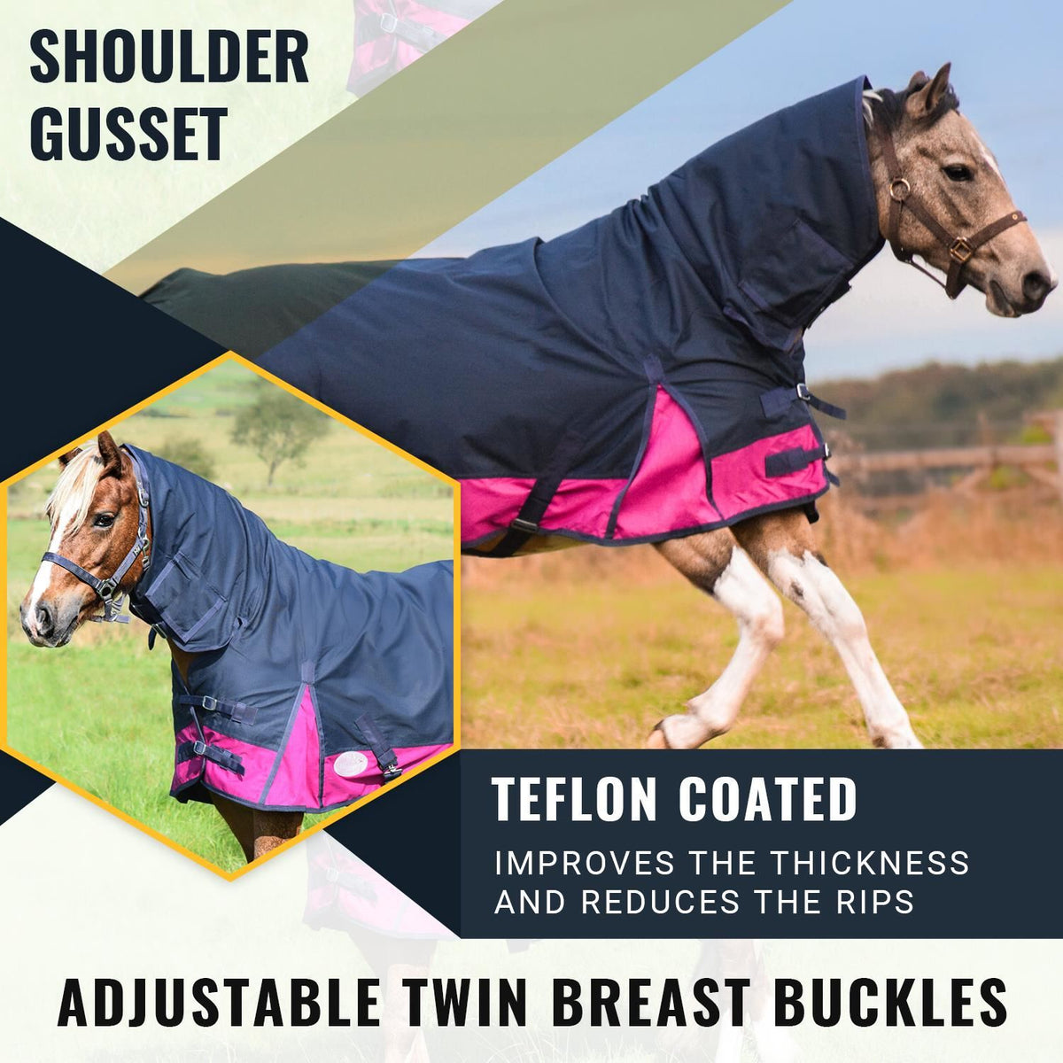 600D Lightweight Waterproof Horse Turnout Rug 0g No Fill Combo Full Neck Navy/Raspberry