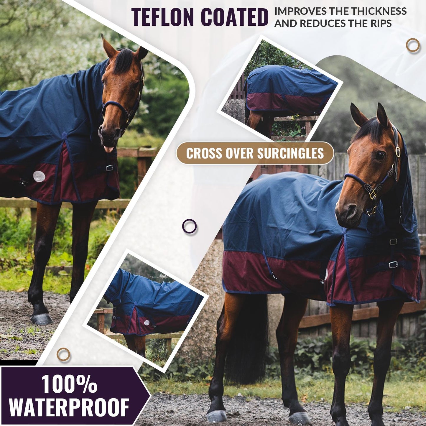 600D Lightweight Waterproof Horse Turnout Rug 0g No Fill Combo Full Neck Navy/Burgundy