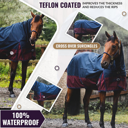 600D Lightweight Waterproof Horse Turnout Rug 0g No Fill Combo Full Neck Navy/Burgundy