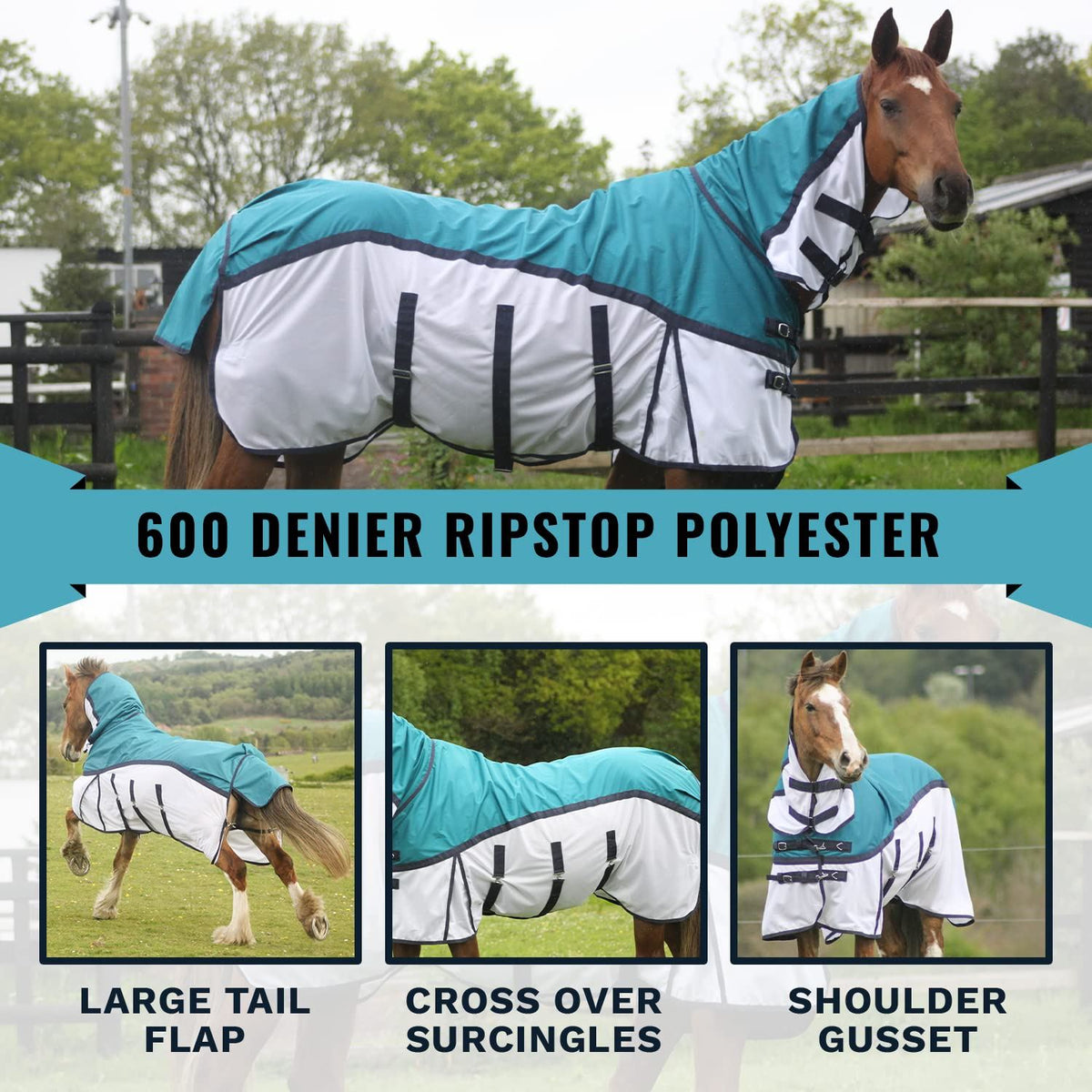 600D 2 in 1 Lightweight Waterproof Fly Turnout Mesh Horse Rug Fixed Neck Petrol/White