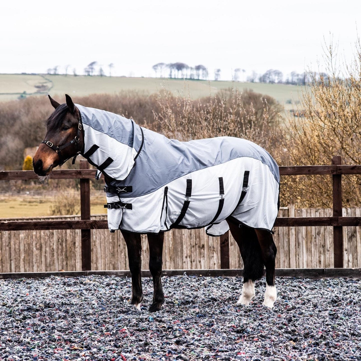 600D 2 in 1 Lightweight Waterproof Fly Turnout Mesh Horse Rug Fixed Neck Grey/Silver