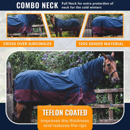 1200D Mediumweight Waterproof Horse Turnout Rug 50g Fill Combo Full Neck Navy/Burgundy