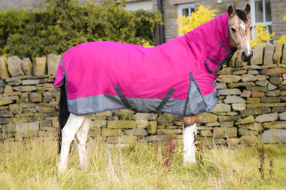 600D Mediumweight Waterproof Horse Turnout Rug 100g Fill Combo Full Neck Raspberry/Grey