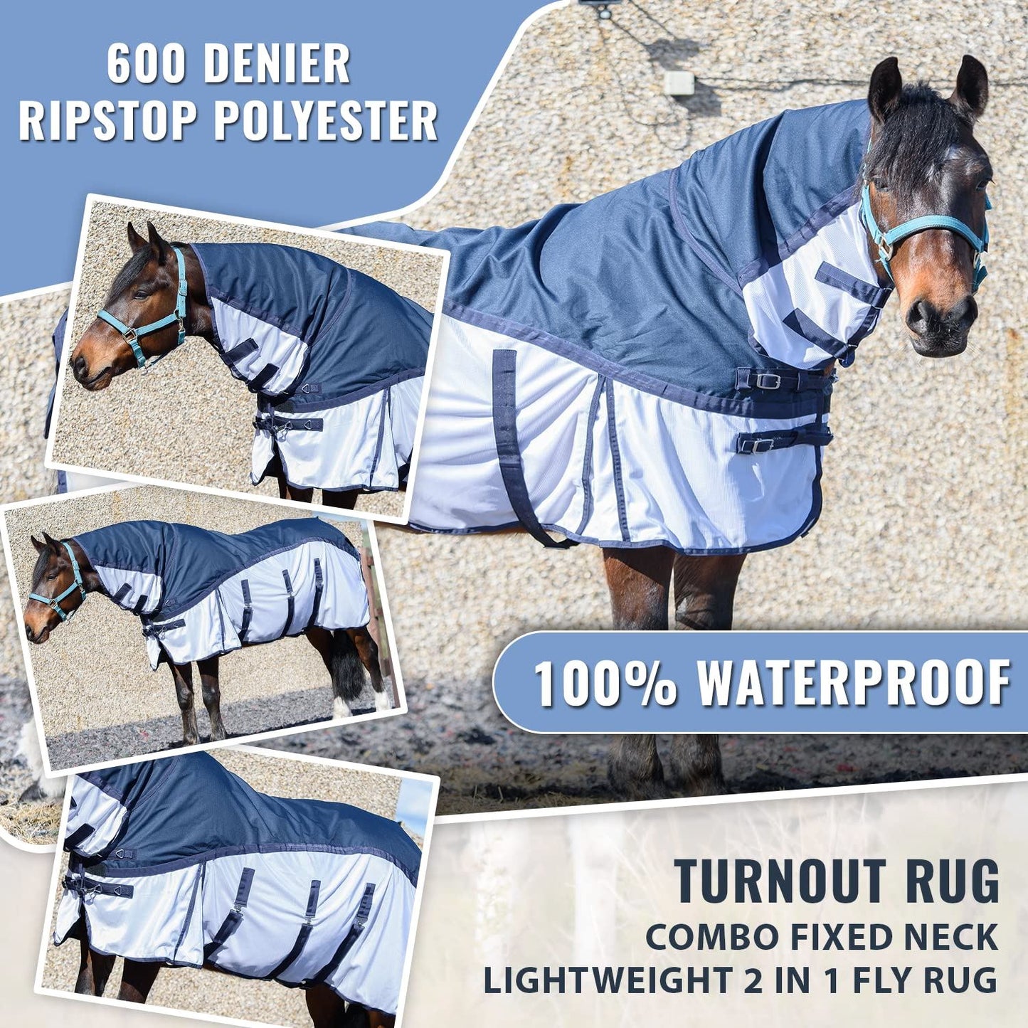 600D 2 in 1 Lightweight Waterproof Fly Turnout Mesh Horse Rug Fixed Neck Blue/White