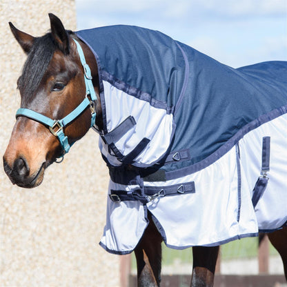 600D 2 in 1 Lightweight Waterproof Fly Turnout Mesh Horse Rug Fixed Neck Blue/White