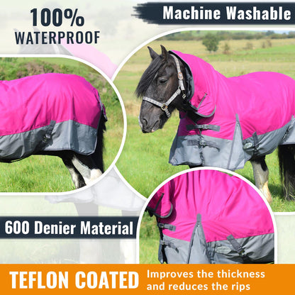 600D Lightweight Waterproof Horse Turnout Rug 0g No Fill Combo Full Neck Raspberry/Dark Grey