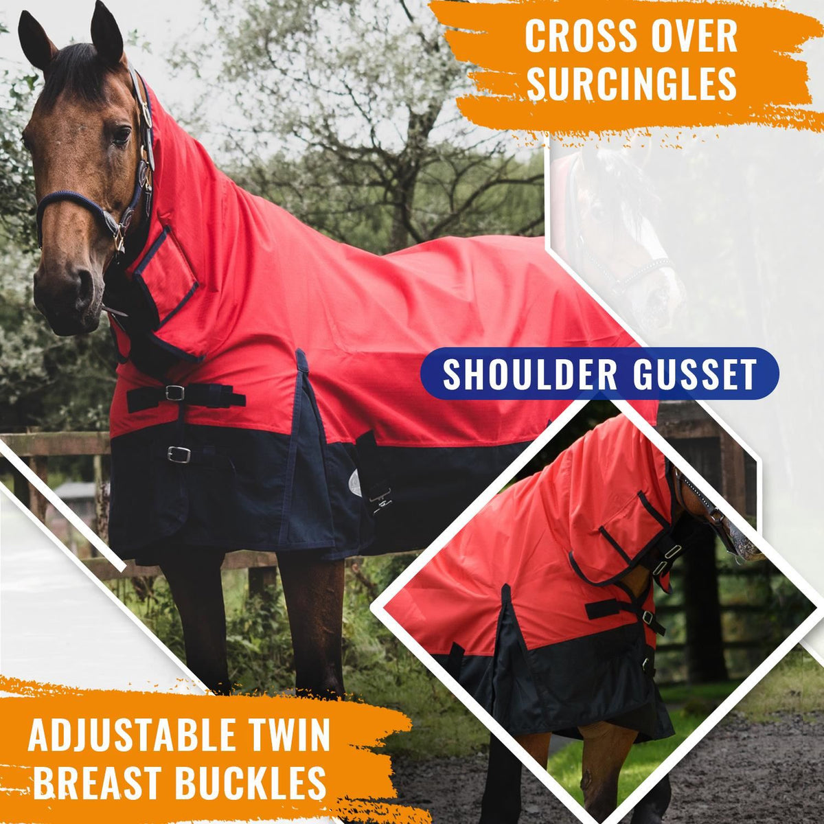 1200D Mediumweight Waterproof Horse Turnout Rug 50g Fill Combo Full Neck Red/Navy