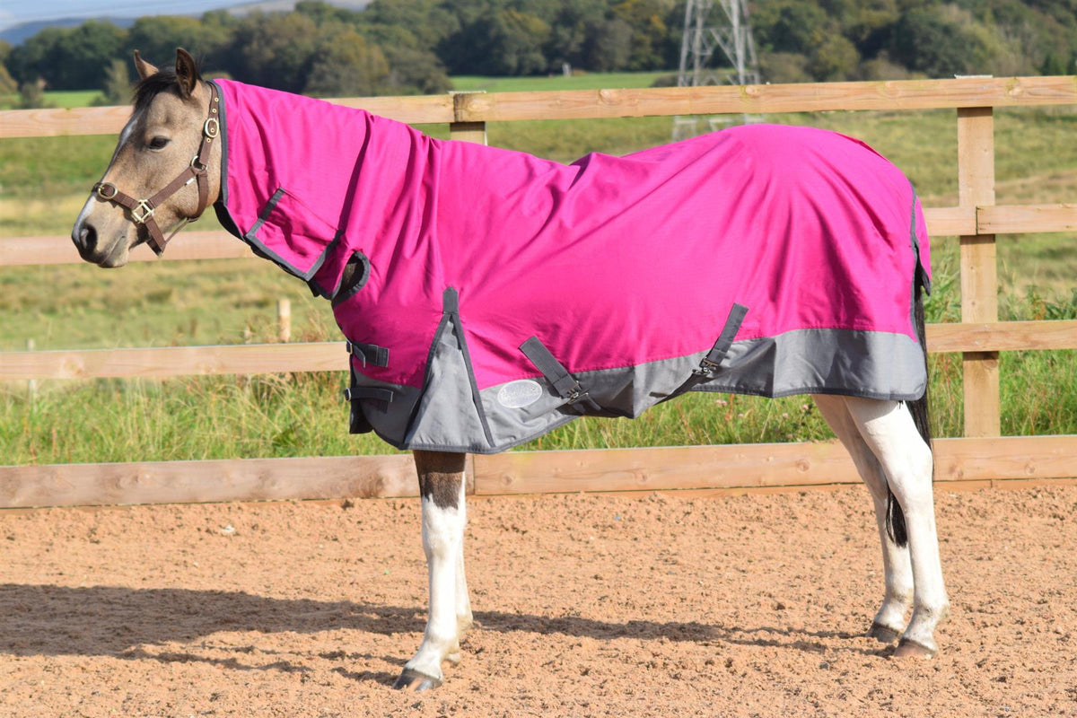 600D Mediumweight Waterproof Horse Turnout Rug 100g Fill Combo Full Neck Raspberry/Grey
