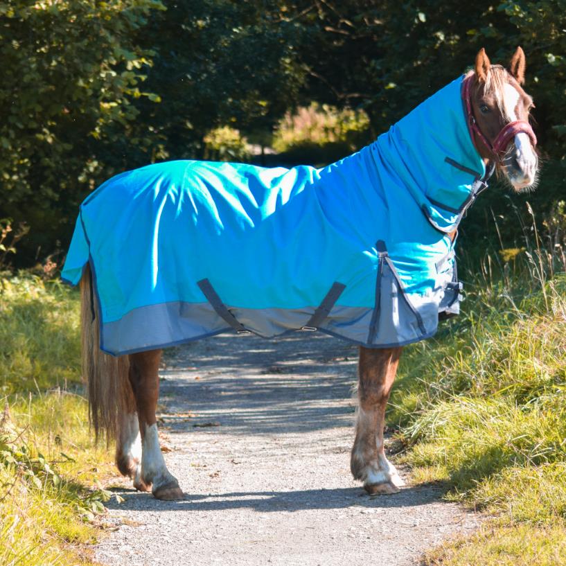 600D Lightweight Turnout Horse Rug Water Resistant Combo Neck Aqua/Grey 5'3-6'9