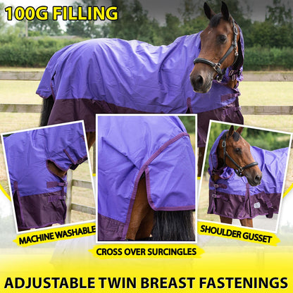 600D Mediumweight Waterproof Horse Turnout Rug 100g Fill Combo Full Neck Purple/Plum
