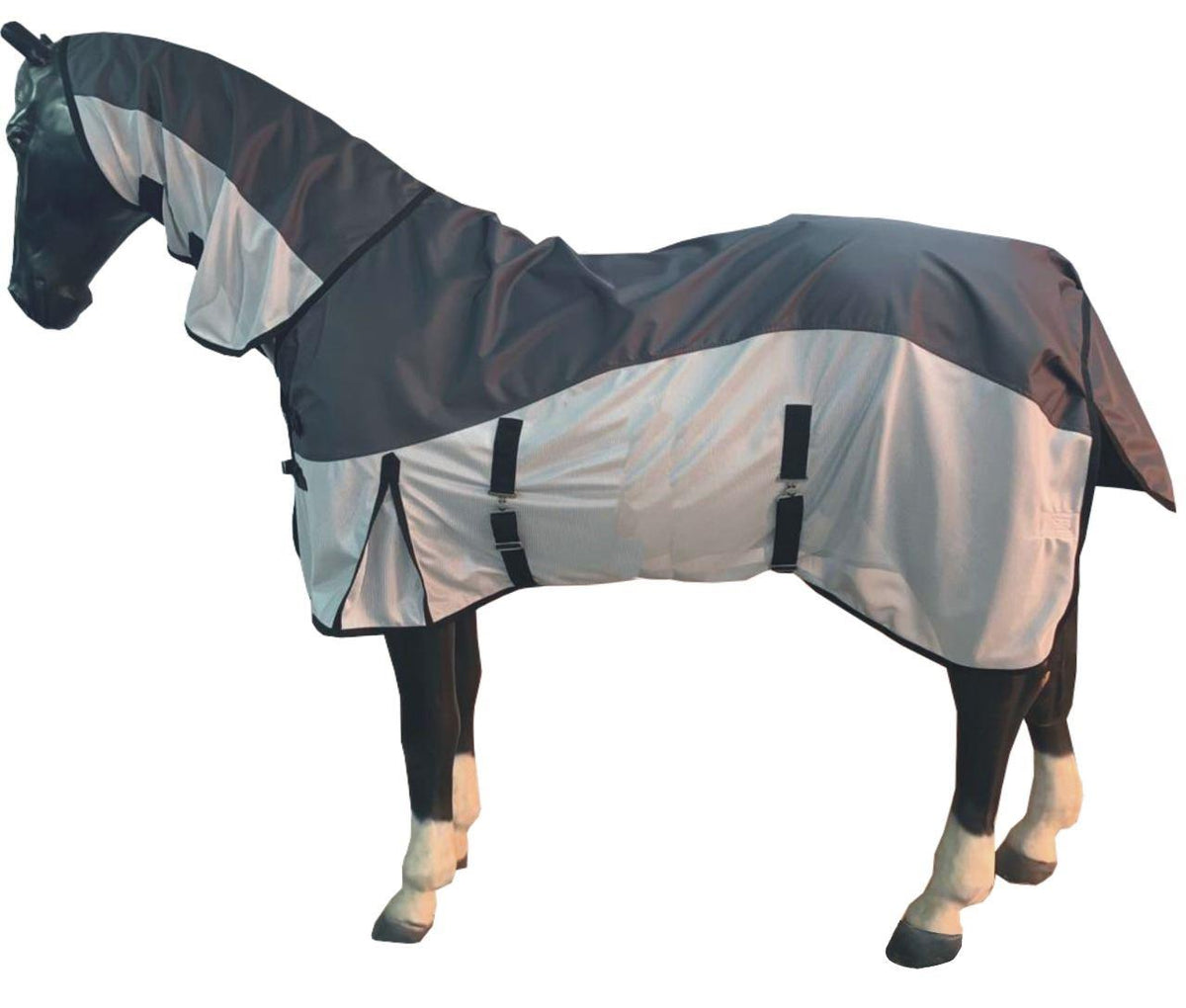 600D 2 in 1 Lightweight Waterproof Fly Turnout Mesh Horse Rug Fixed Neck Grey