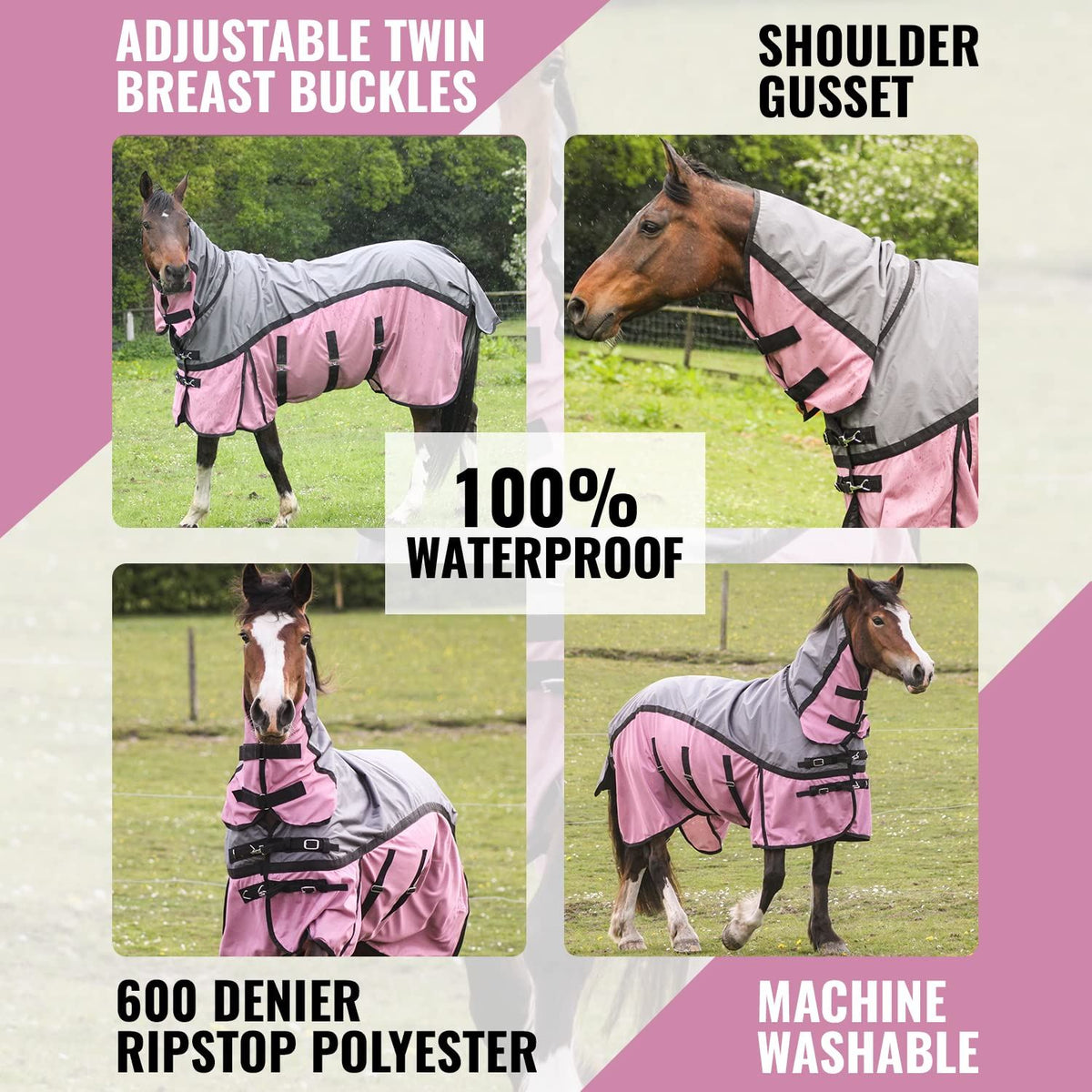 600D 2 in 1 Lightweight Waterproof Fly Turnout Mesh Horse Rug Fixed Neck Grey/Raspberry
