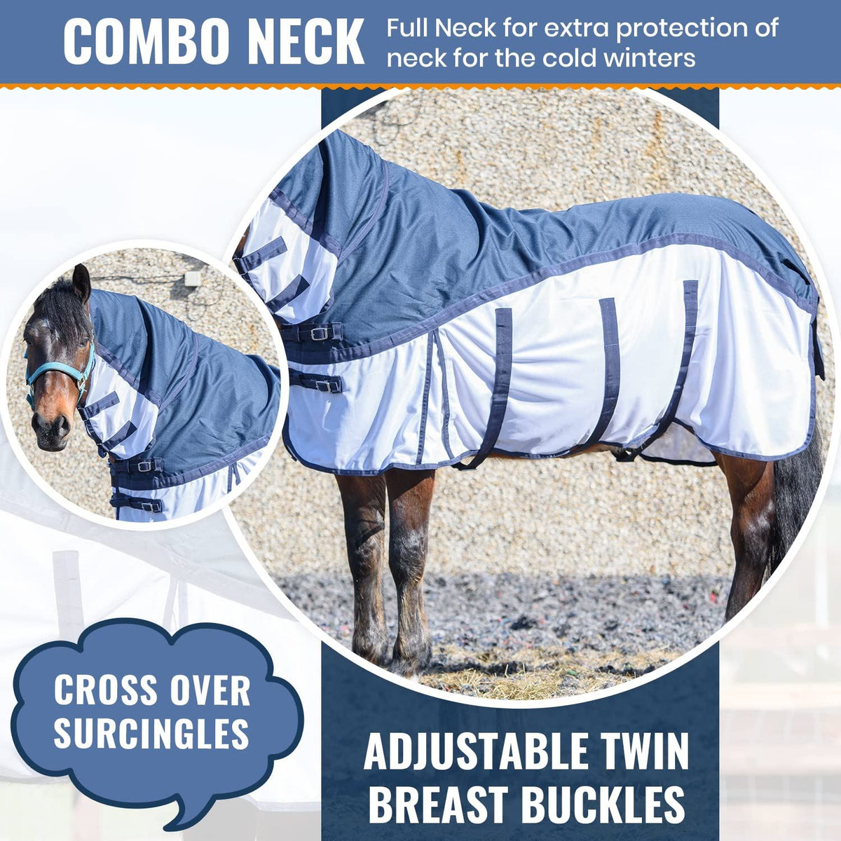 600D 2 in 1 Lightweight Waterproof Fly Turnout Mesh Horse Rug Fixed Neck Blue/White