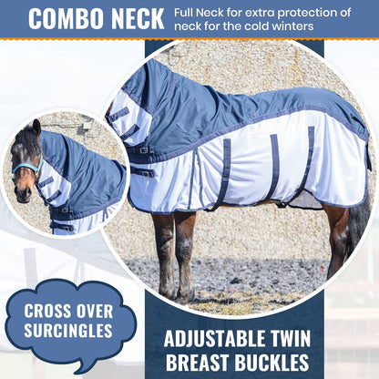 600D 2 in 1 Lightweight Waterproof Fly Turnout Mesh Horse Rug Fixed Neck Blue/White