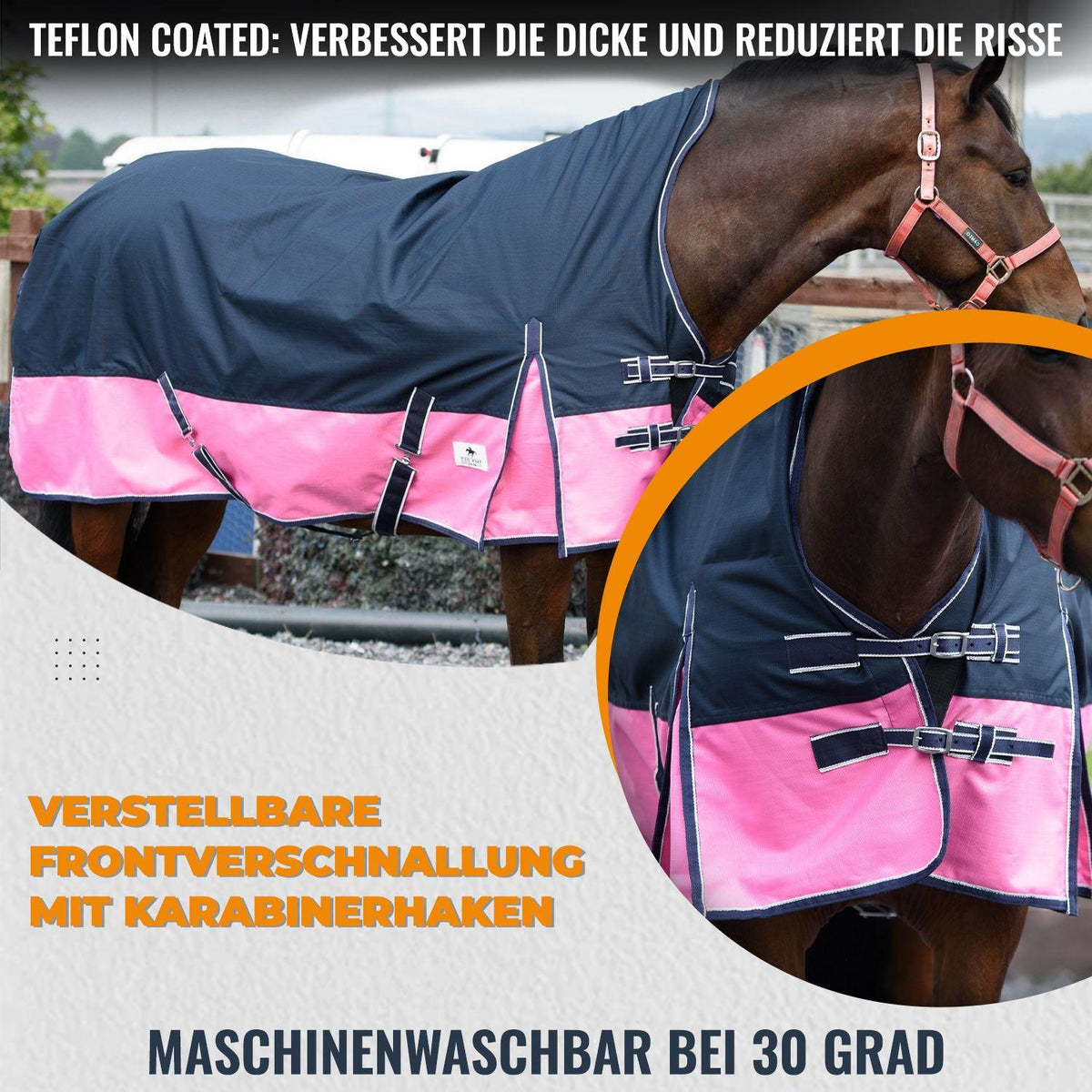1200D Mediumweight Waterproof Horse Turnout Rug 100g Fill Half Neck Navy/Pink