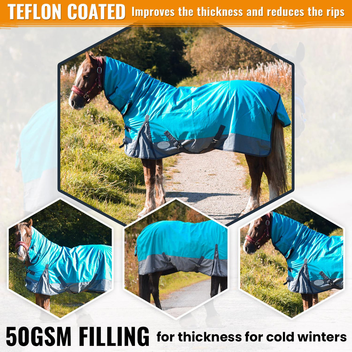 600D Mediumweight Waterproof Horse Turnout Rug 50g Fill Combo Full Neck Aqua/Dark Grey