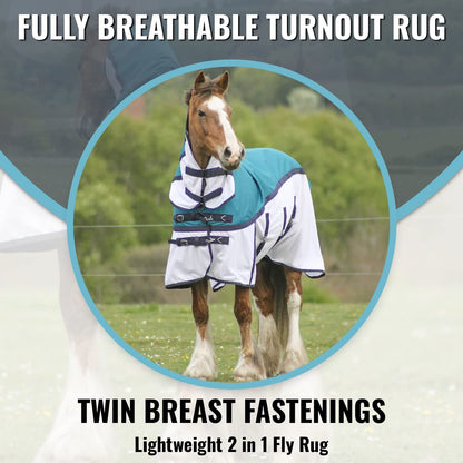 600D 2 in 1 Lightweight Waterproof Fly Turnout Mesh Horse Rug Fixed Neck Petrol/White