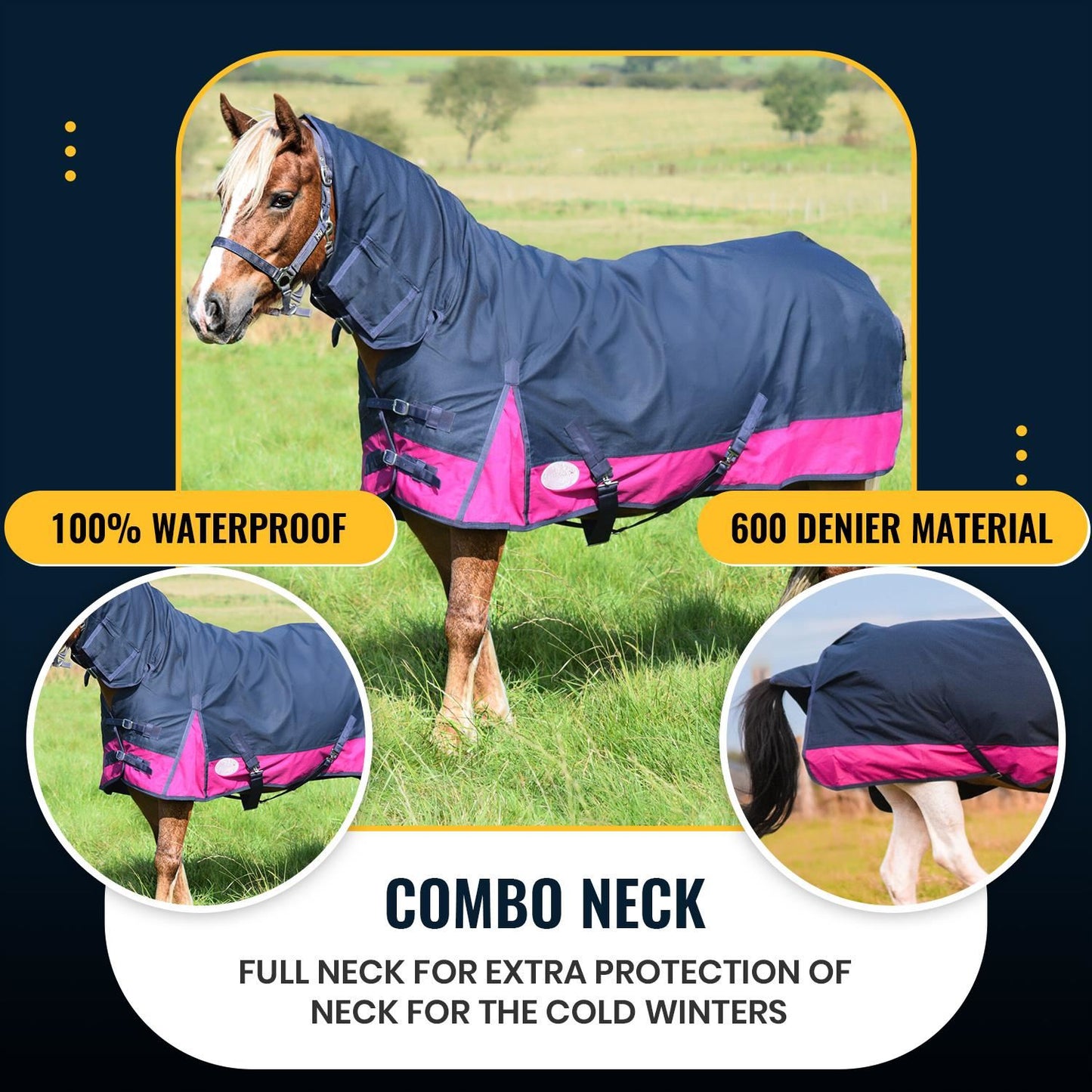 600D Lightweight Waterproof Horse Turnout Rug 0g No Fill Combo Full Neck Navy/Raspberry
