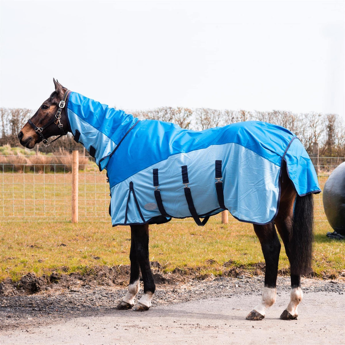 600D 2 in 1 Lightweight Waterproof Fly Turnout Mesh Horse Rug Fixed Neck Blue/Light Blue