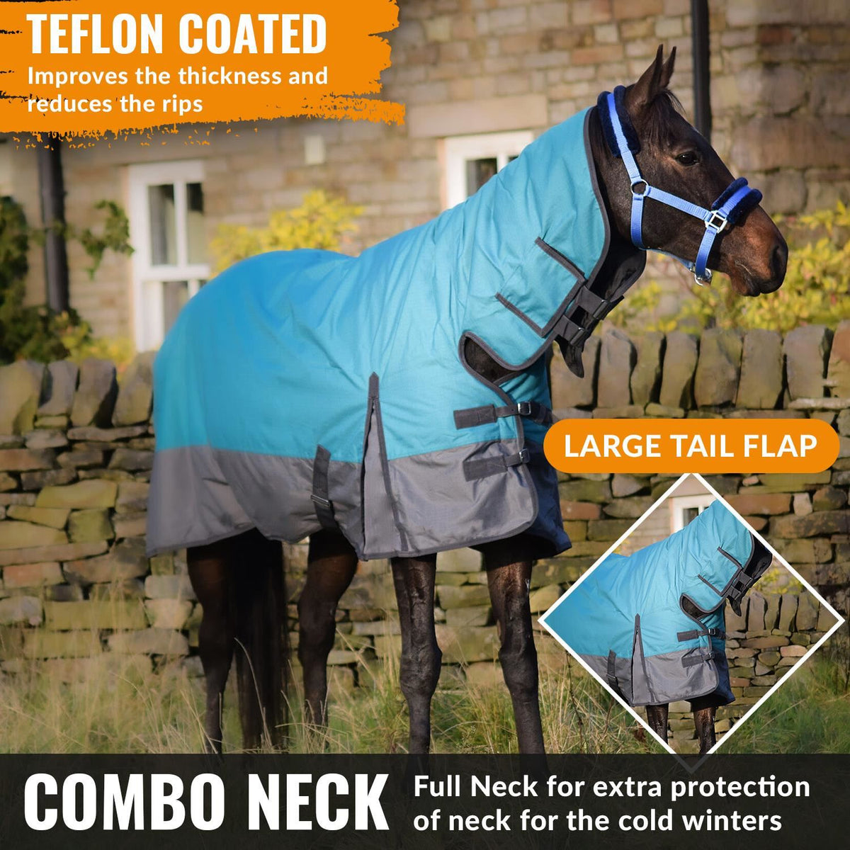 600D Mediumweight Waterproof Horse Turnout Rug 100g Fill Combo Full Neck Aqua/Dark Grey