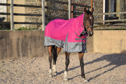 600D Mediumweight Waterproof Horse Turnout Rug 100g Fill Combo Full Neck Raspberry/Grey