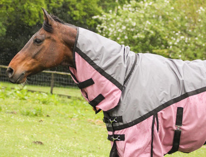 600D 2 in 1 Lightweight Waterproof Fly Turnout Mesh Horse Rug Fixed Neck Grey/Raspberry