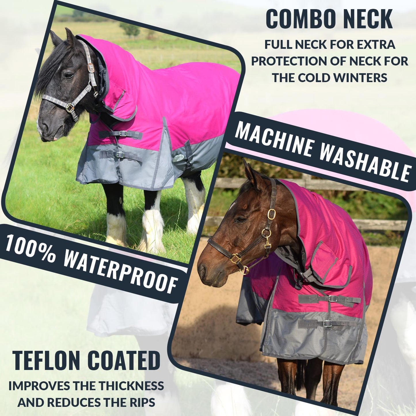 600D Mediumweight Waterproof Horse Turnout Rug 50g Fill Combo Full Neck Raspberry/Dark Grey