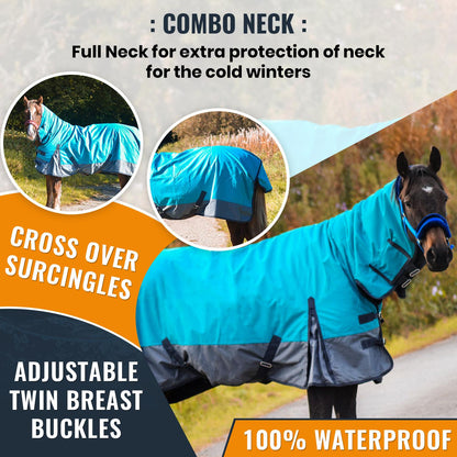 600D Mediumweight Waterproof Horse Turnout Rug 50g Fill Combo Full Neck Aqua/Dark Grey