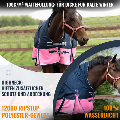 1200D Mediumweight Waterproof Horse Turnout Rug 100g Fill Half Neck Navy/Pink