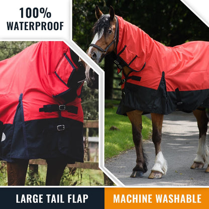 1200D Mediumweight Waterproof Horse Turnout Rug 50g Fill Combo Full Neck Red/Navy