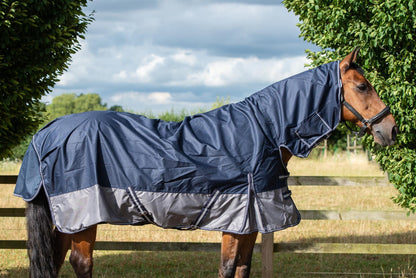 600D Mediumweight Waterproof Horse Turnout Rug 100g Fill Combo Full Neck Navy/Grey