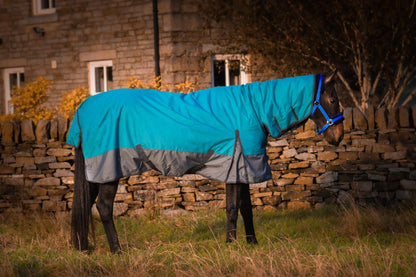 600D Mediumweight Waterproof Horse Turnout Rug 100g Fill Combo Full Neck Aqua/Dark Grey