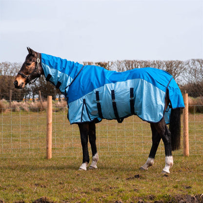 600D 2 in 1 Lightweight Waterproof Fly Turnout Mesh Horse Rug Fixed Neck Blue/Light Blue