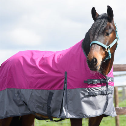 600D Mediumweight Waterproof Horse Turnout Rug 100g Fill Standard Neck Raspberry/Grey