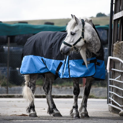 1200D Mediumweight Waterproof Horse Turnout Rug 100g Fill Half Neck Black/Baby Blue