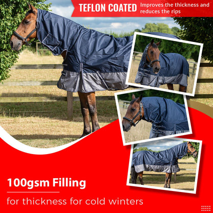 600D Mediumweight Waterproof Horse Turnout Rug 100g Fill Combo Full Neck Navy/Grey