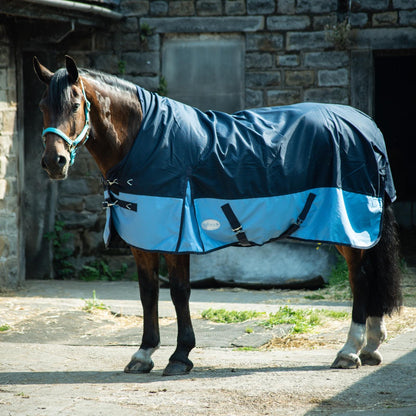 600D Lightweight Waterproof Horse Turnout Rug 0g No Fill Half Neck Navy/Baby Blue